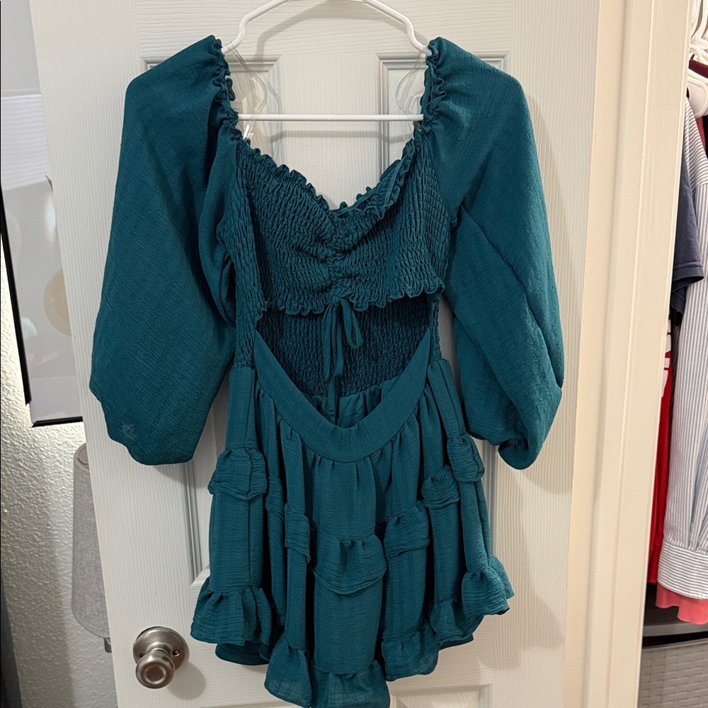 Windsor Teal Smocked Blouse with Ruffle Accents